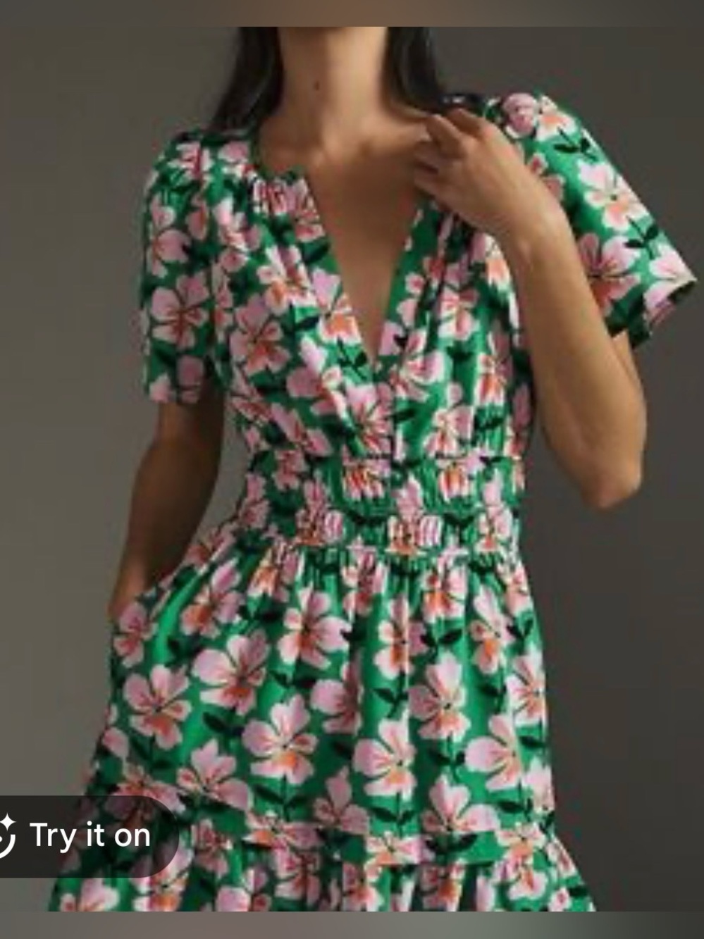 Anthropologie 2X Floral Cotton Midi Dress Green Pink Puff Sleeve Pockets